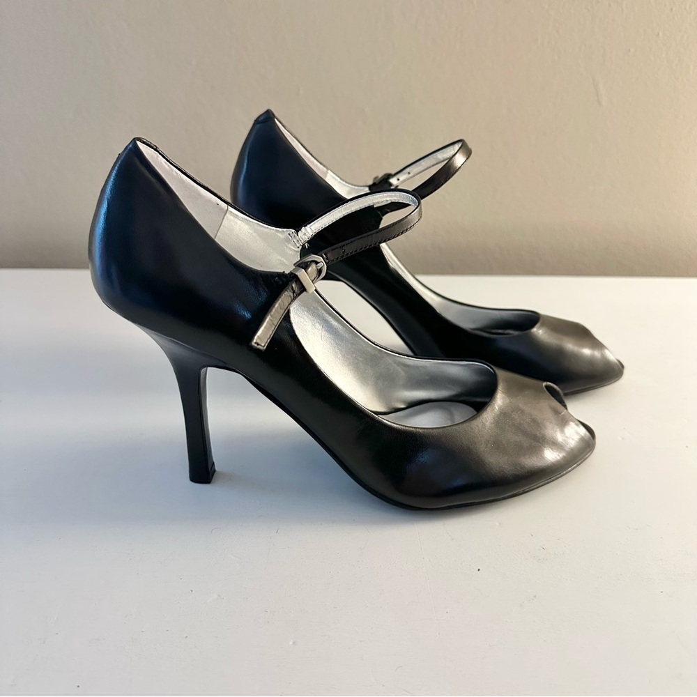 Nine West Black Leather Open Toe High Heels